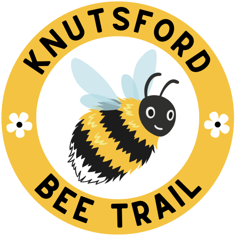 A bee in a circle with "Knutsford Bee Trail" written around it and two flowers.