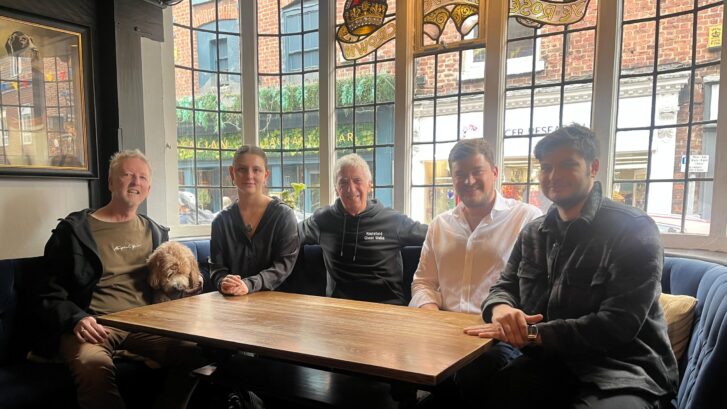 L to R Pictured are the following - David Sims, Rose and Crown Hope Taylor, Rose and Crown George Williams, Knutsford Ghost Walks Morgan Ward, Morgan Edward Fine Wines and Spirits Gustavo Barreto, Evuna They are photographed on ‘The haunted table’ in Rose and Crown where guests have experienced drinks sliding off the table (floor and table are level!)