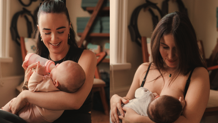 A mother bottle feeding her baby in her arms and a mother breast feeding her baby in her arms.