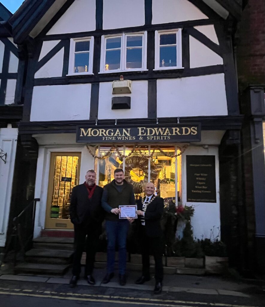Best Small Window Morgan Edwards Fine Wines and Spirits L to R - Ian Cass, Forum of Private Business, Morgan Ward, Morgan Edwards Fine Wines, and Knutsford Mayor
