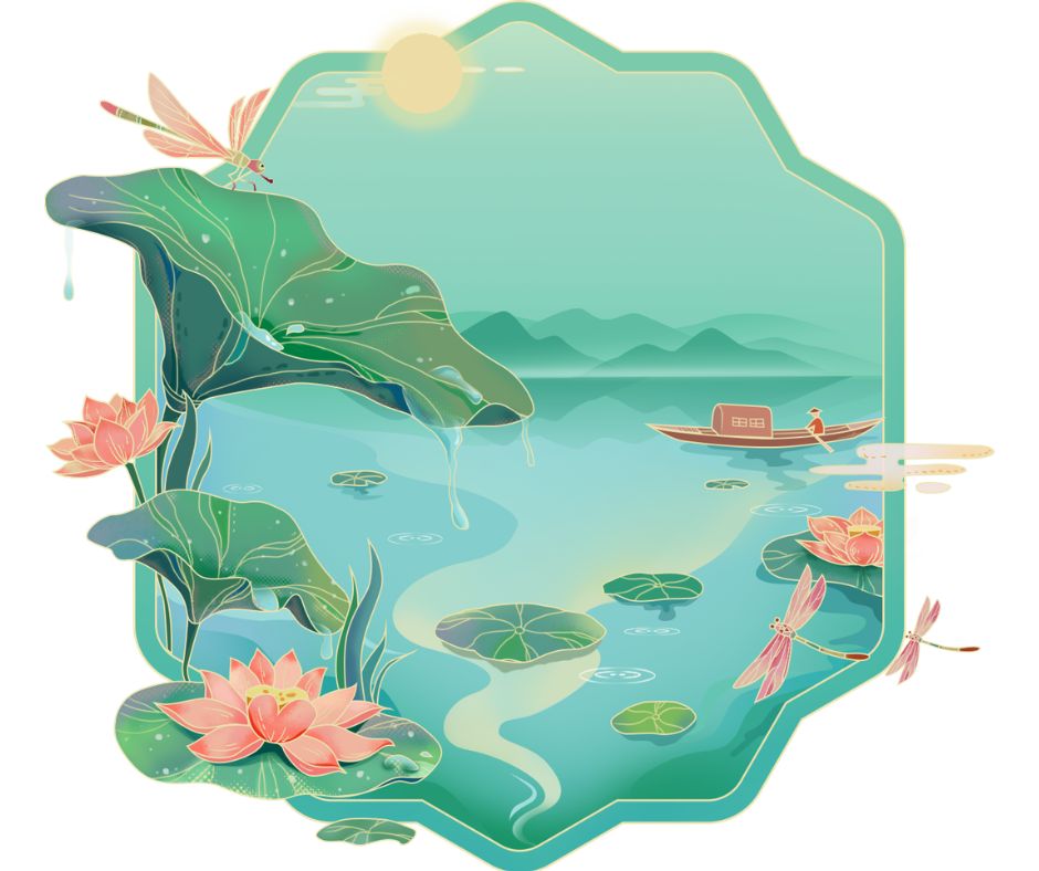 An illustration of a pond and wildlife