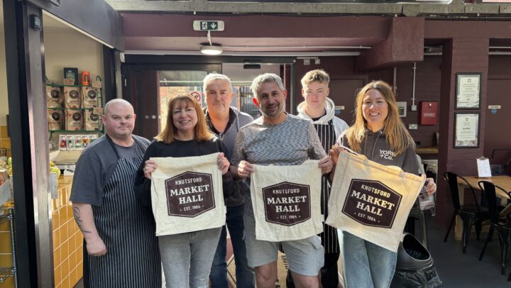 L to R Mike Oldham (Market Hall Butcher), Melanie Naylor, and Simon Naylor (Cheshire Party Store) Bahattin Atair (The Market Café) Samuel Brown (Market Hall Butcher) and Alex Molloy (York & Co. ~ the Grocer)