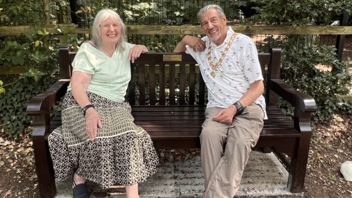Town Mayor Councillor Peter Coan and Sylvia Chaplin at Brian's Bench