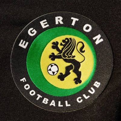 An embroidered badge of the club logo. a lion kicking a football on a yellow and green background. text 'Egerton Footbal Club' circles the logo.