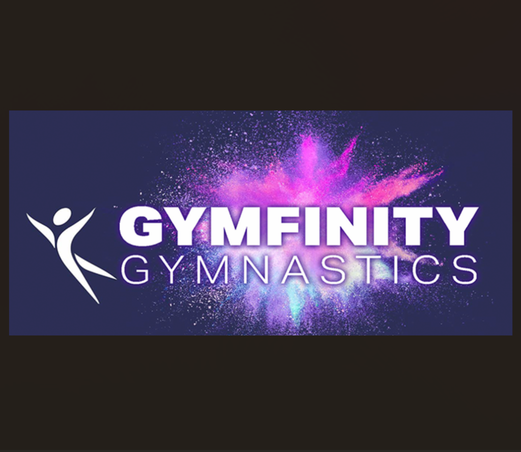 Gymfinity Gymnastics surounded by puprple and pinc fireqork type explosion.