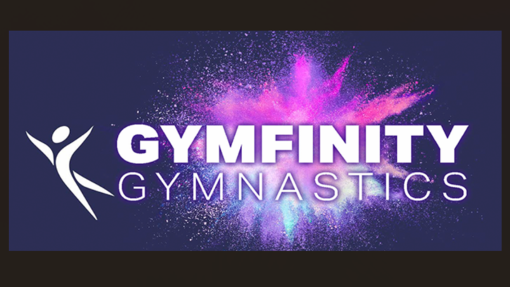 Gymfinity Gymnastics surounded by puprple and pinc fireqork type explosion.