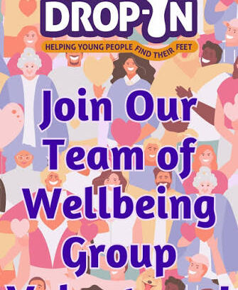Just Drop In Logo, cartoon young people in the background, with text that reads on purple lettering ' Helping young people find their feet'