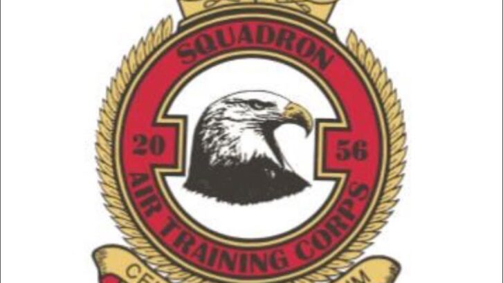 Knutsford Air Cadets 2056 squadron crest. an Eagle head surrounded by a red ring topped with a gold crown.