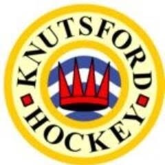 Knutsford Hockey Club logo featuring a red crown on a blue and white background, encircled by the text “Knutsford Hockey” in black on a yellow border.