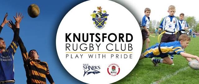 Knutsford Rugby Club banner with players jumping for the ball on the left, club logos in the center, and a boy diving to score a try on the right.