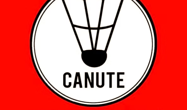 Red background, a white badminton shuttlecock, and black text that reads 'Canute Badminton Club'