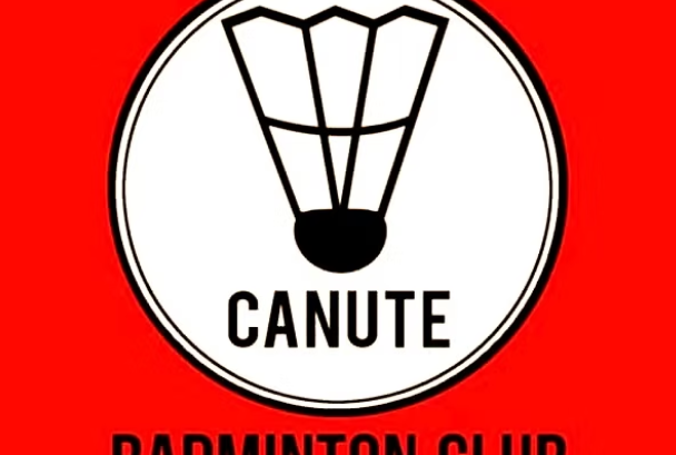 Red background, a white badminton shuttlecock, and black text that reads 'Canute Badminton Club'