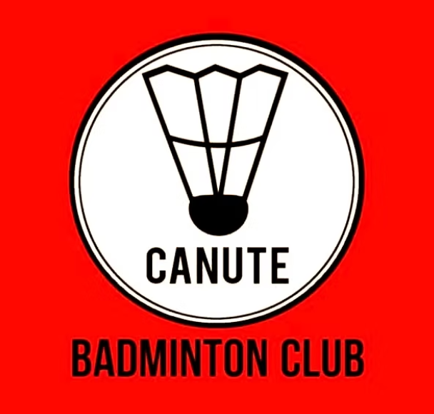 Red background, a white badminton shuttlecock, and black text that reads 'Canute Badminton Club'
