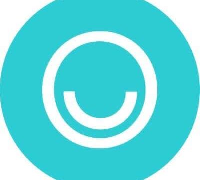 a light blue circle, containing a thin lined white circle, which is then filled with a thin lined half circle. Almost a smiley face, but no eyes.