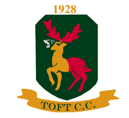 Toft Cricket Club logo crest featuring a Deer in red and yellow colouring on a green background. established 1928.