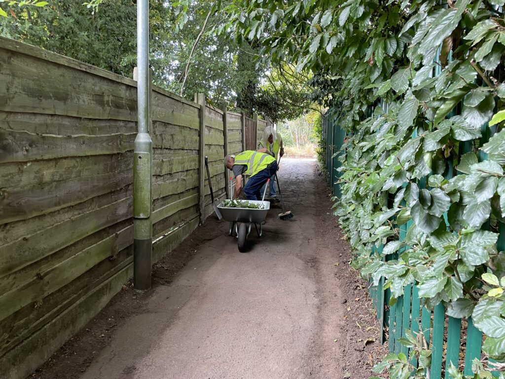 A man and woman clearing leaf litter from a footpath