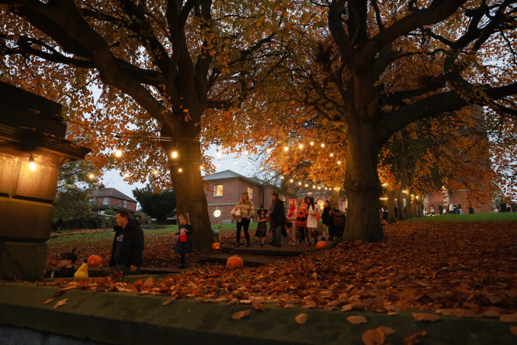 A group of people walking amongst trees in Halloween costumes