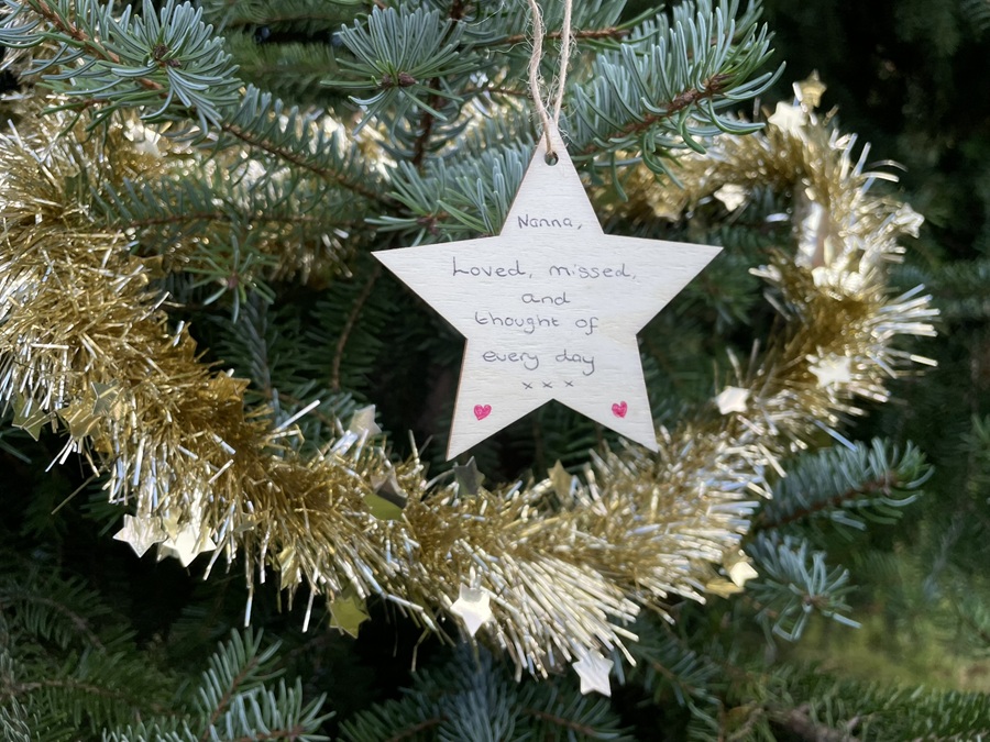 Star Dedication website Wooden star with a message on a Christmas Tree